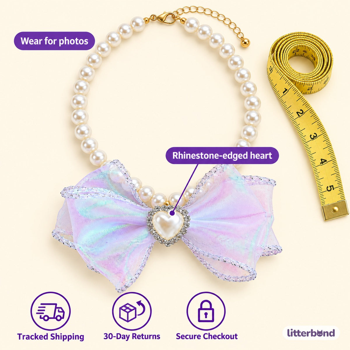 Iridescent Heart Bow Necklace - size and details