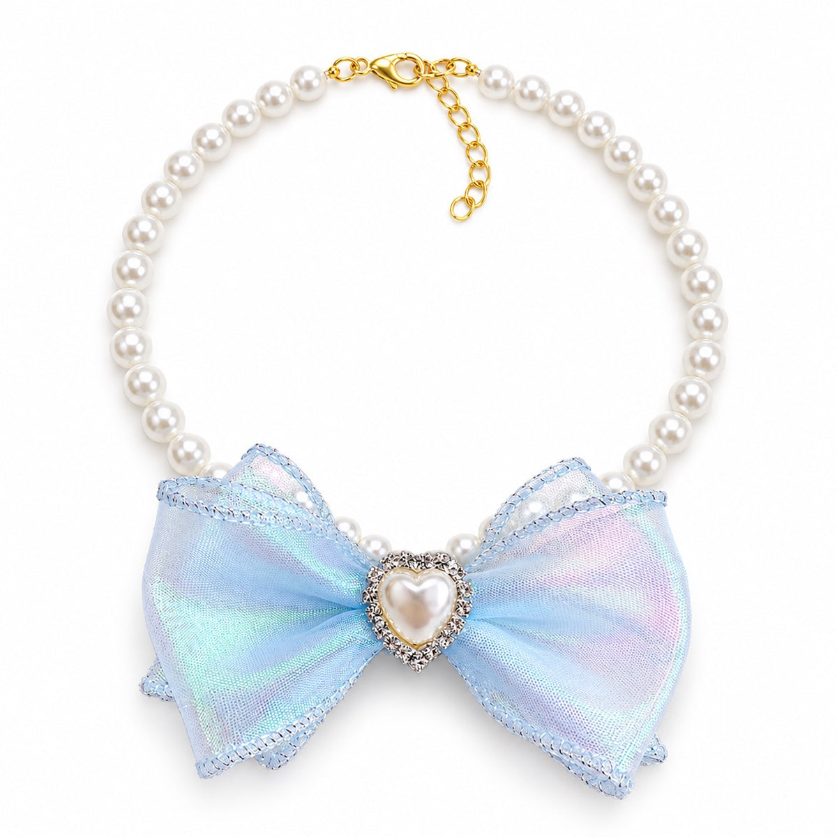Iridescent Heart Bow Necklace - Iridescent Blue