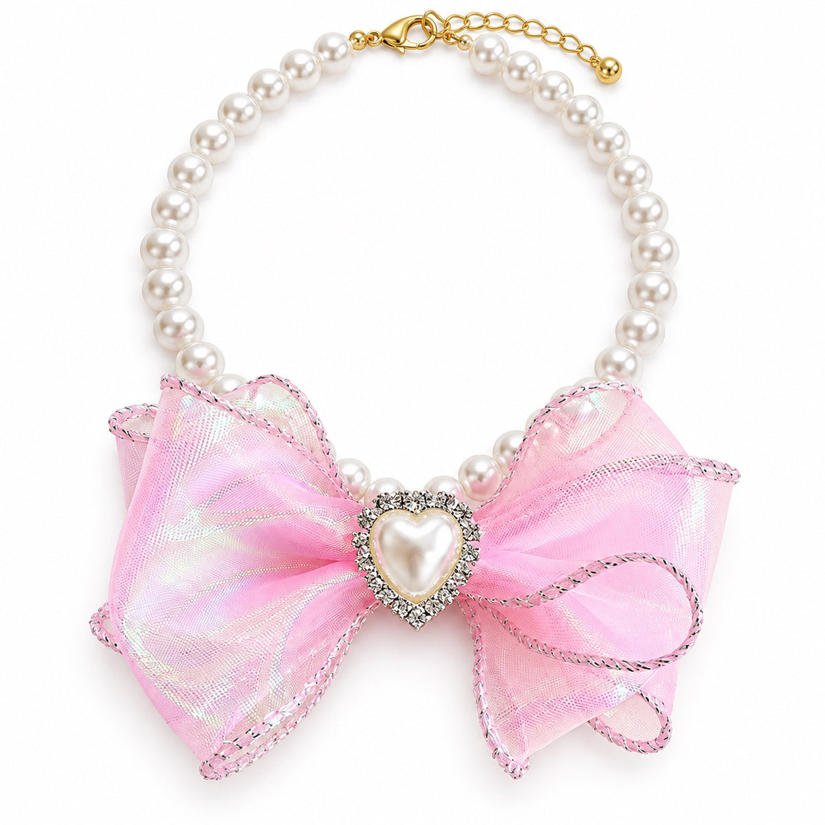 Iridescent Heart Bow Necklace - Iridescent Pink
