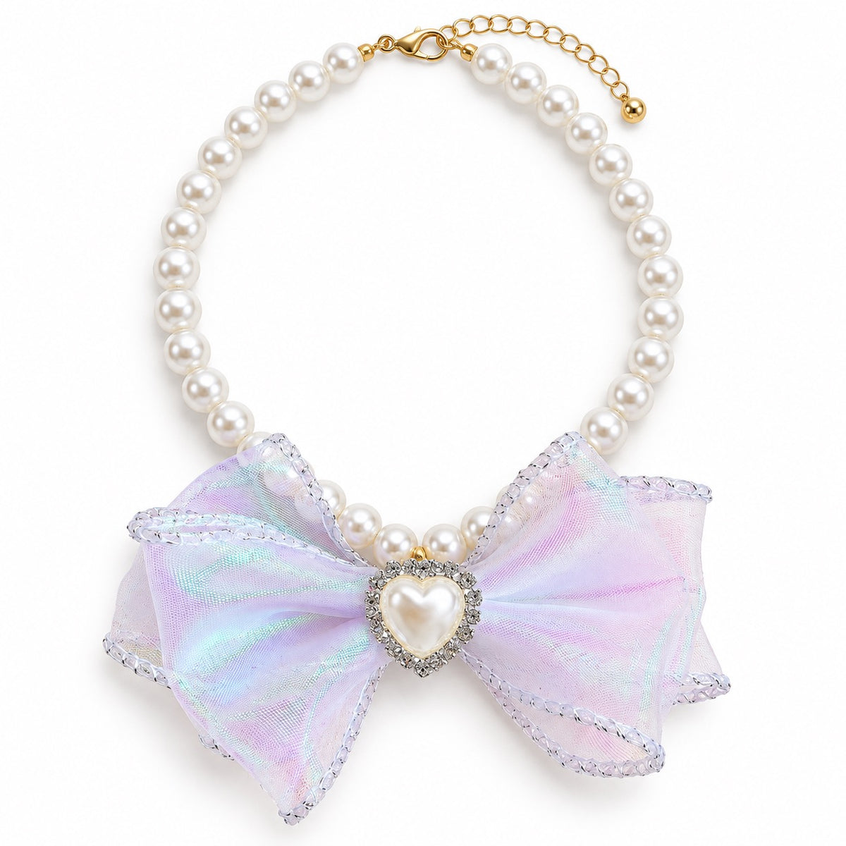 Iridescent Heart Bow Necklace - Iridescent White