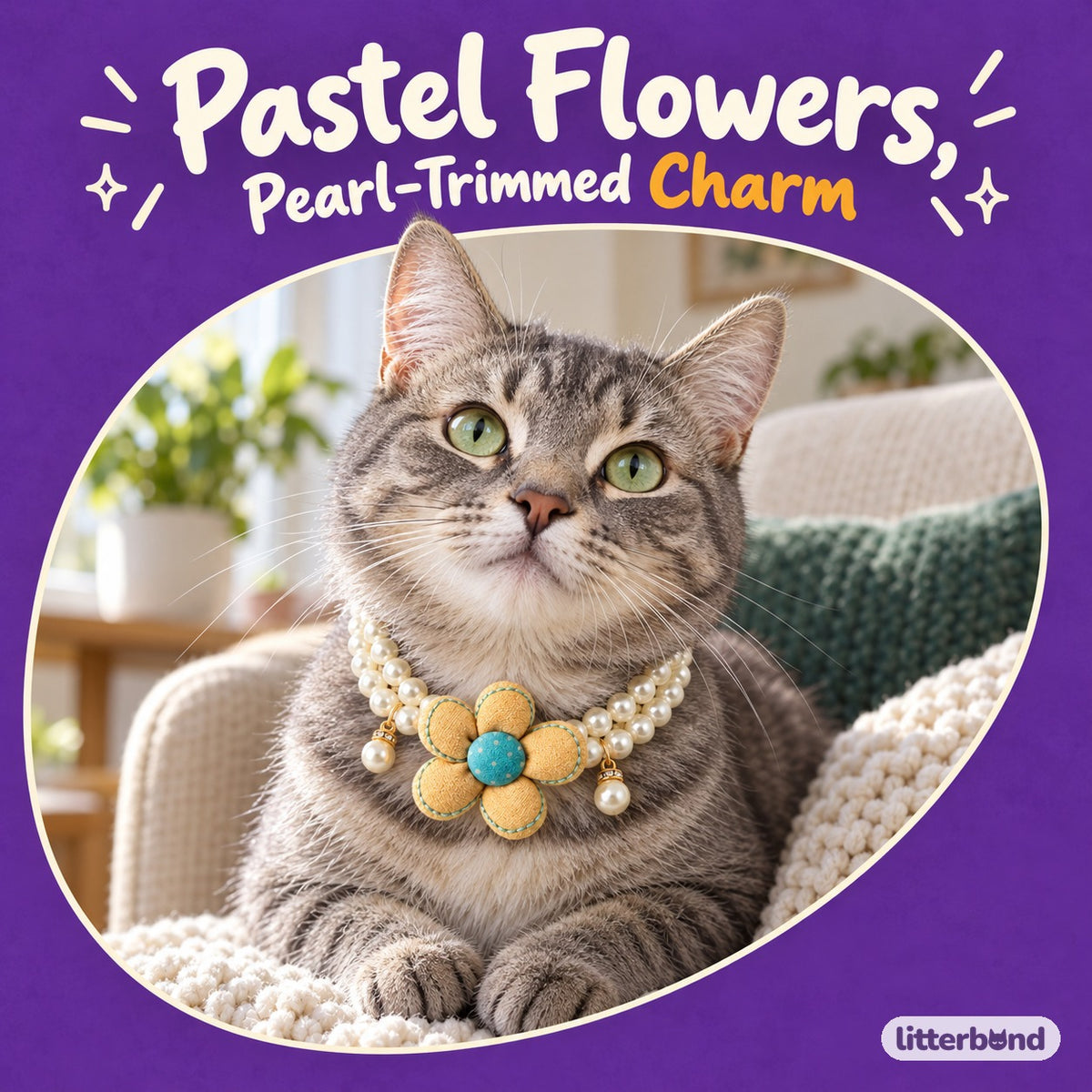 Pastel Flower Pearl Necklace on a cat