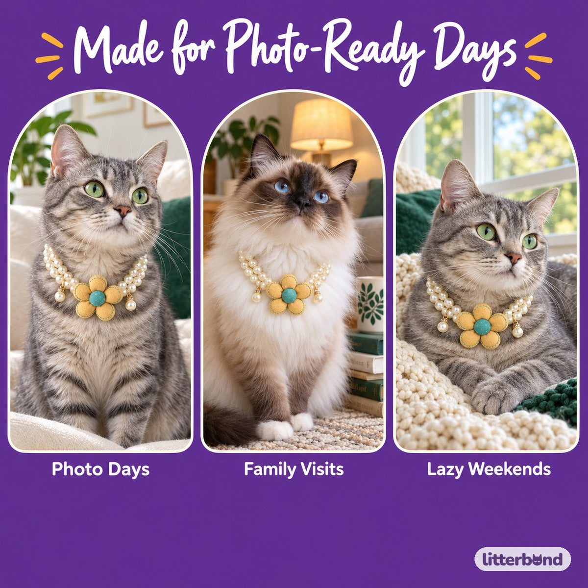Pastel Flower Pearl Necklace on a cat at home