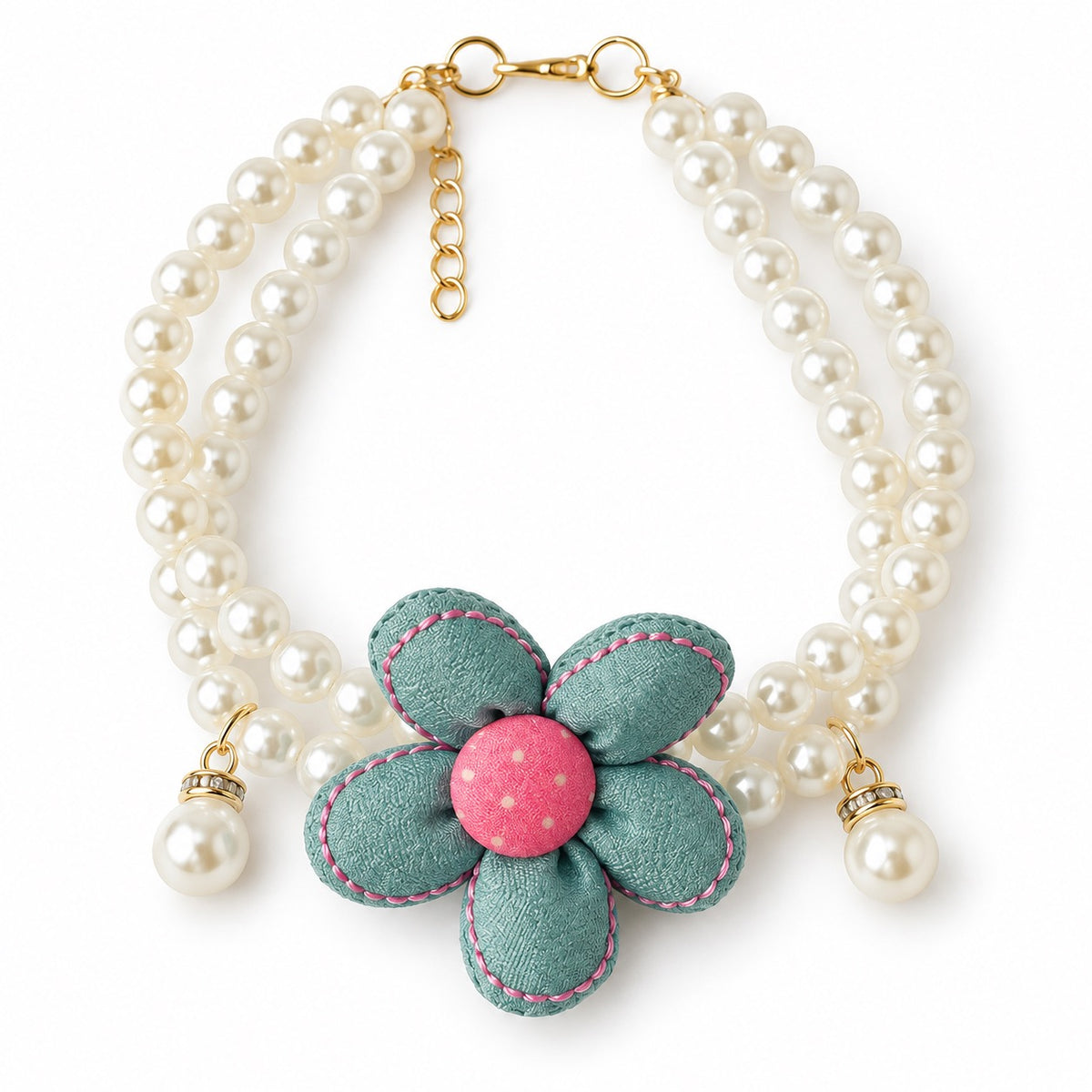 Pastel Flower Pearl Necklace - Green Double-Layer