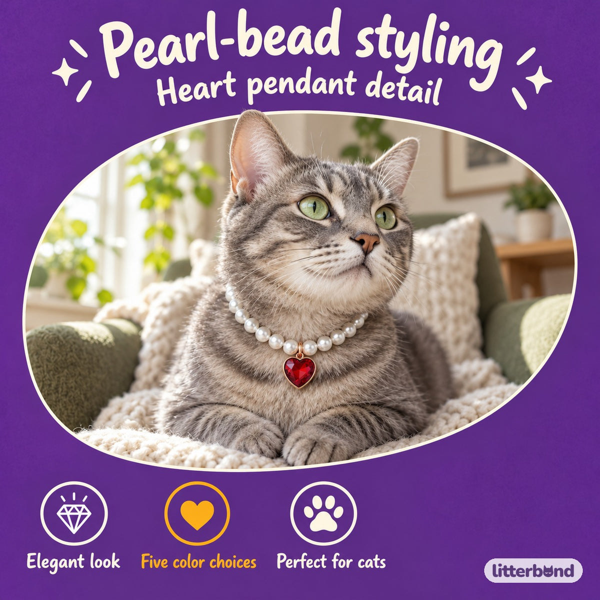 Pearl Heart Pendant Necklace on a cat