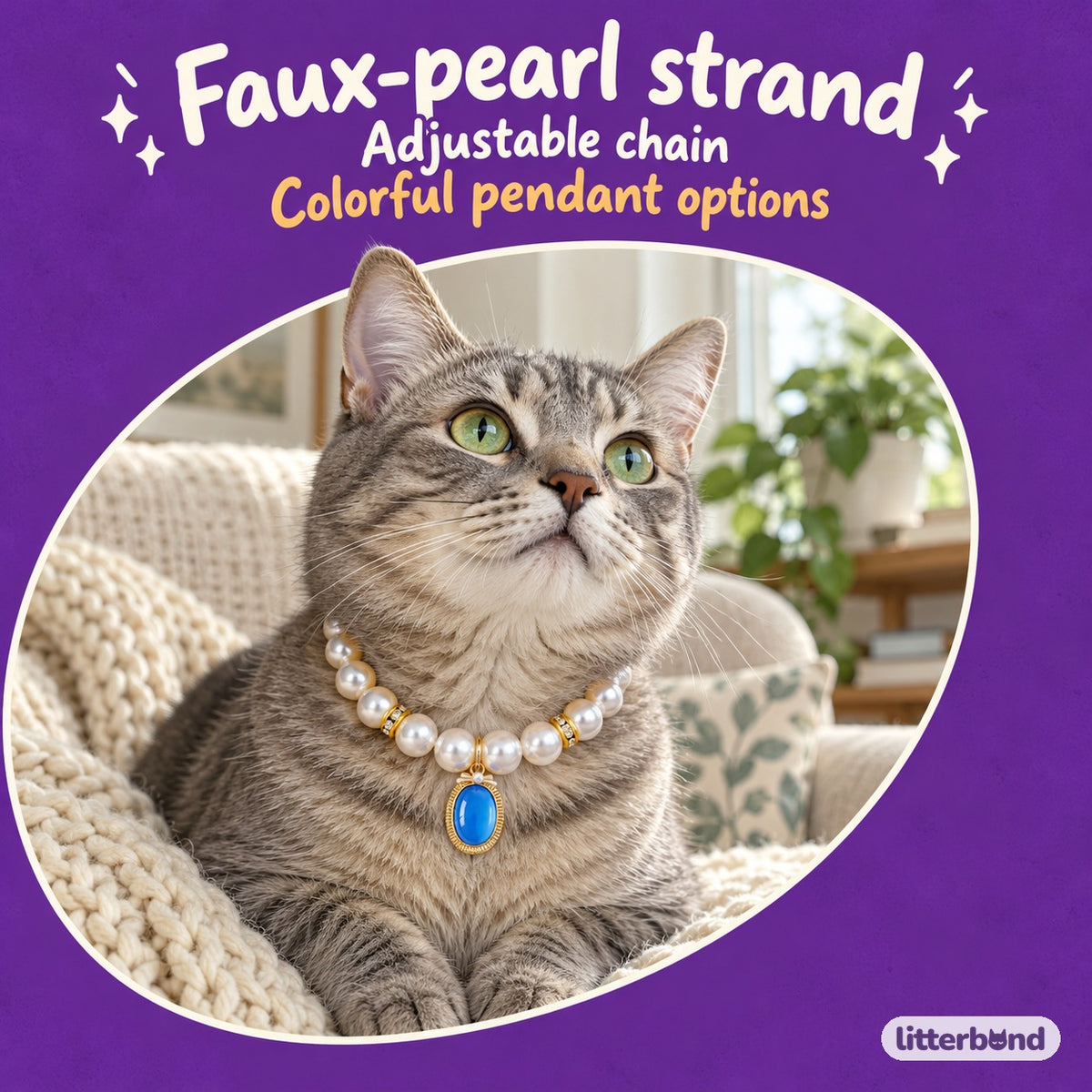 Colorful Pearl Charm Necklace on a cat