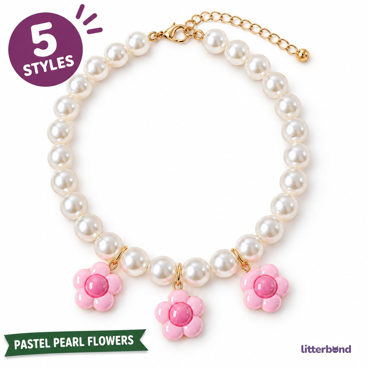 Pearl Necklace with Three Flower Charms