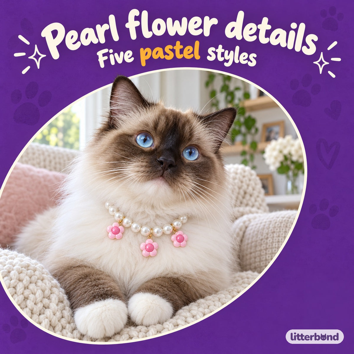 Pearl Necklace with Three Flower Charms on a cat
