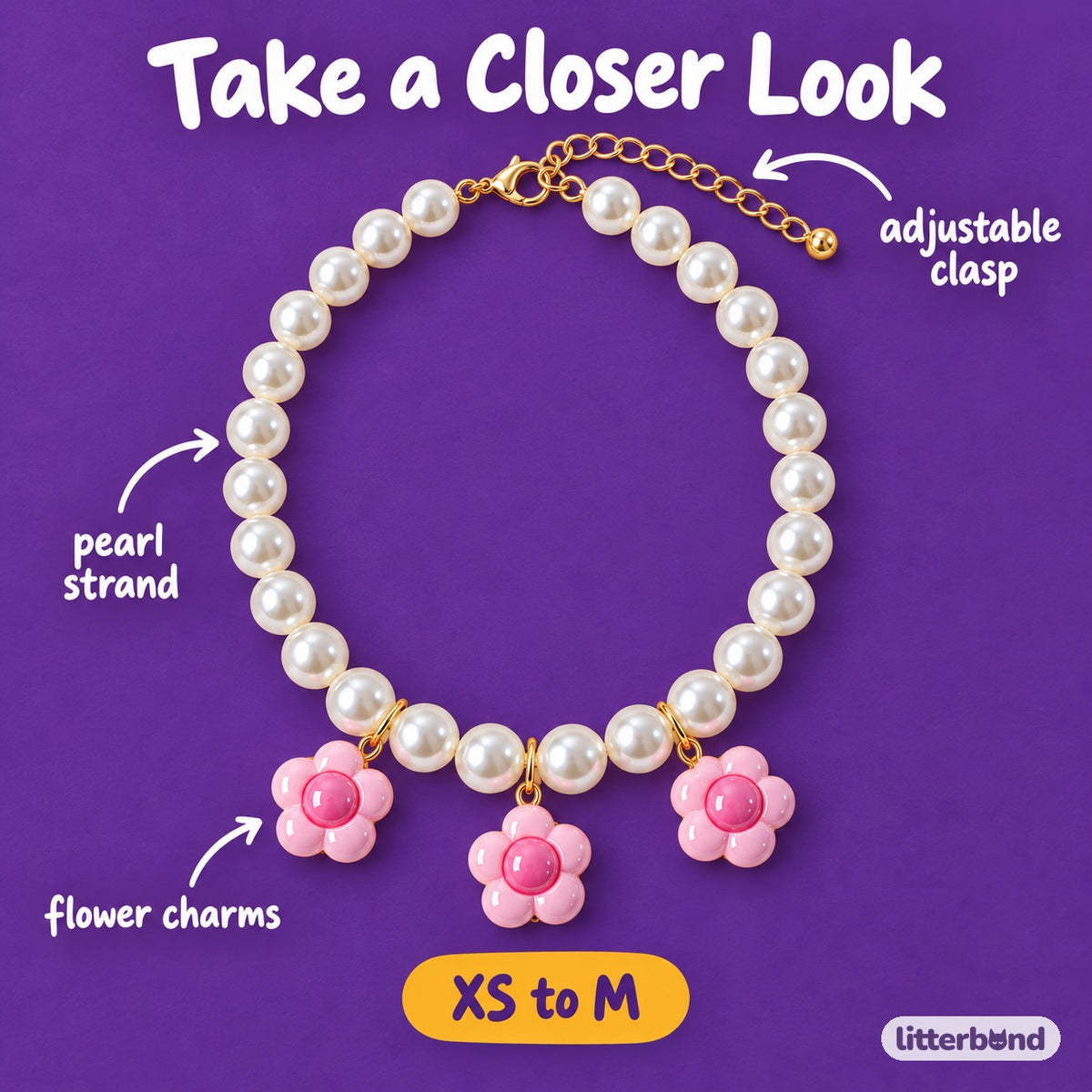 Pearl Necklace with Three Flower Charms - close-up details