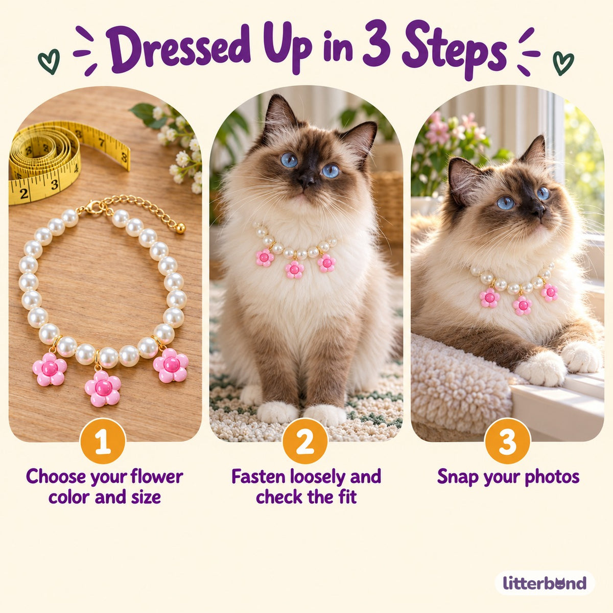 Pearl Necklace with Three Flower Charms - how to put it on