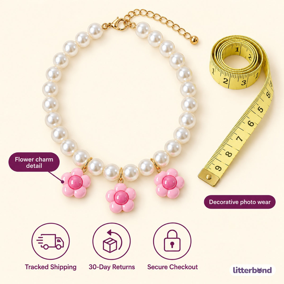 Pearl Necklace with Three Flower Charms - size and details