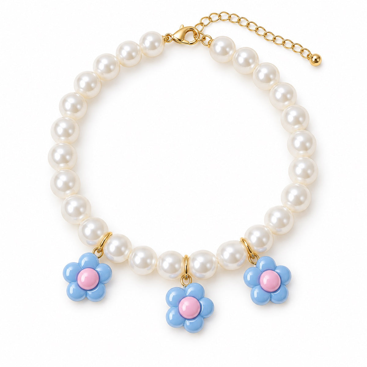 Pearl Necklace with Three Flower Charms - Blue Flower
