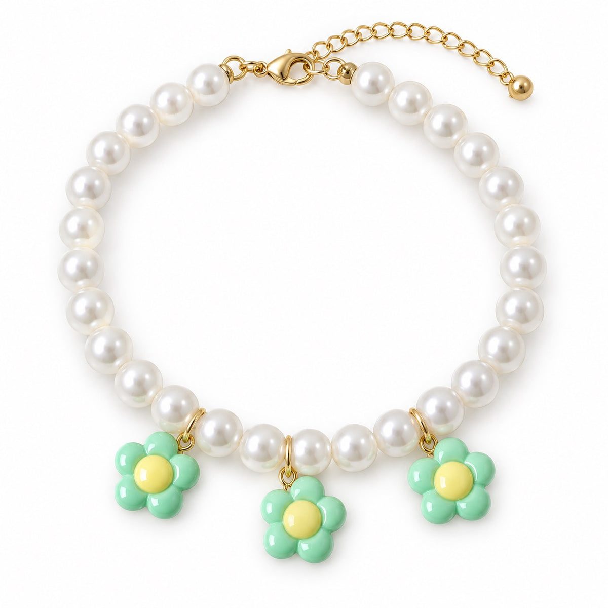 Pearl Necklace with Three Flower Charms - Green Flower