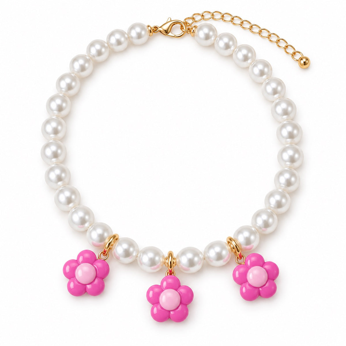 Pearl Necklace with Three Flower Charms - Magenta Flower