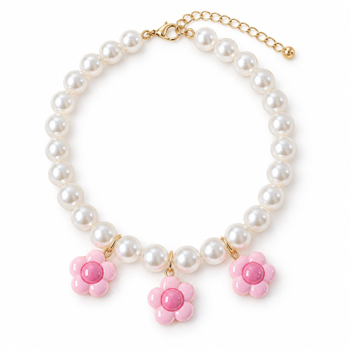 Pearl Necklace with Three Flower Charms - Pink Flower