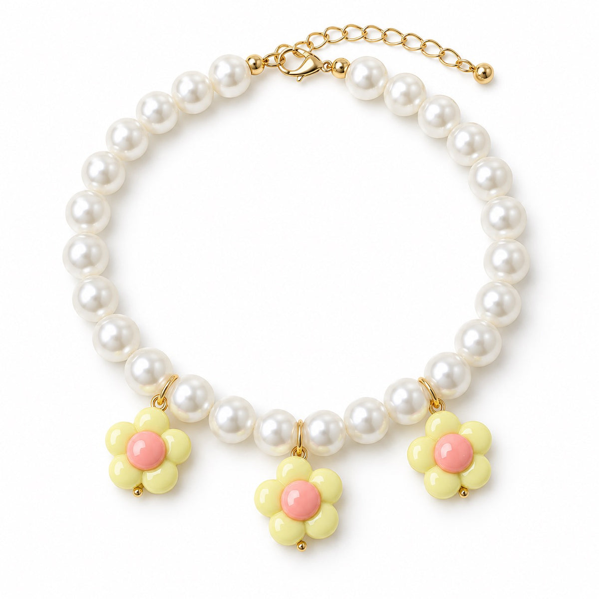 Pearl Necklace with Three Flower Charms - Yellow Flower