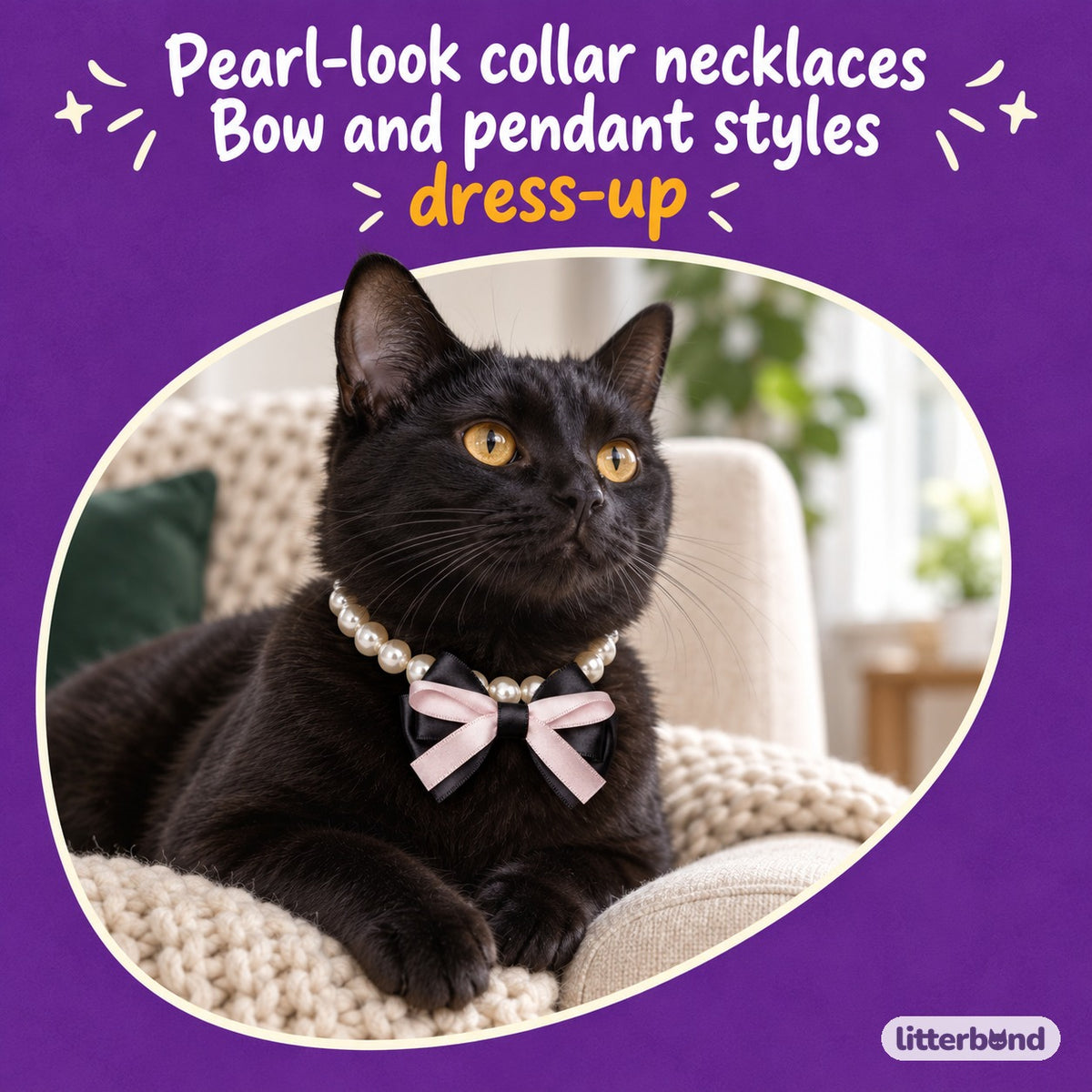 Pearl Bow Pendant Collar Necklace on a cat
