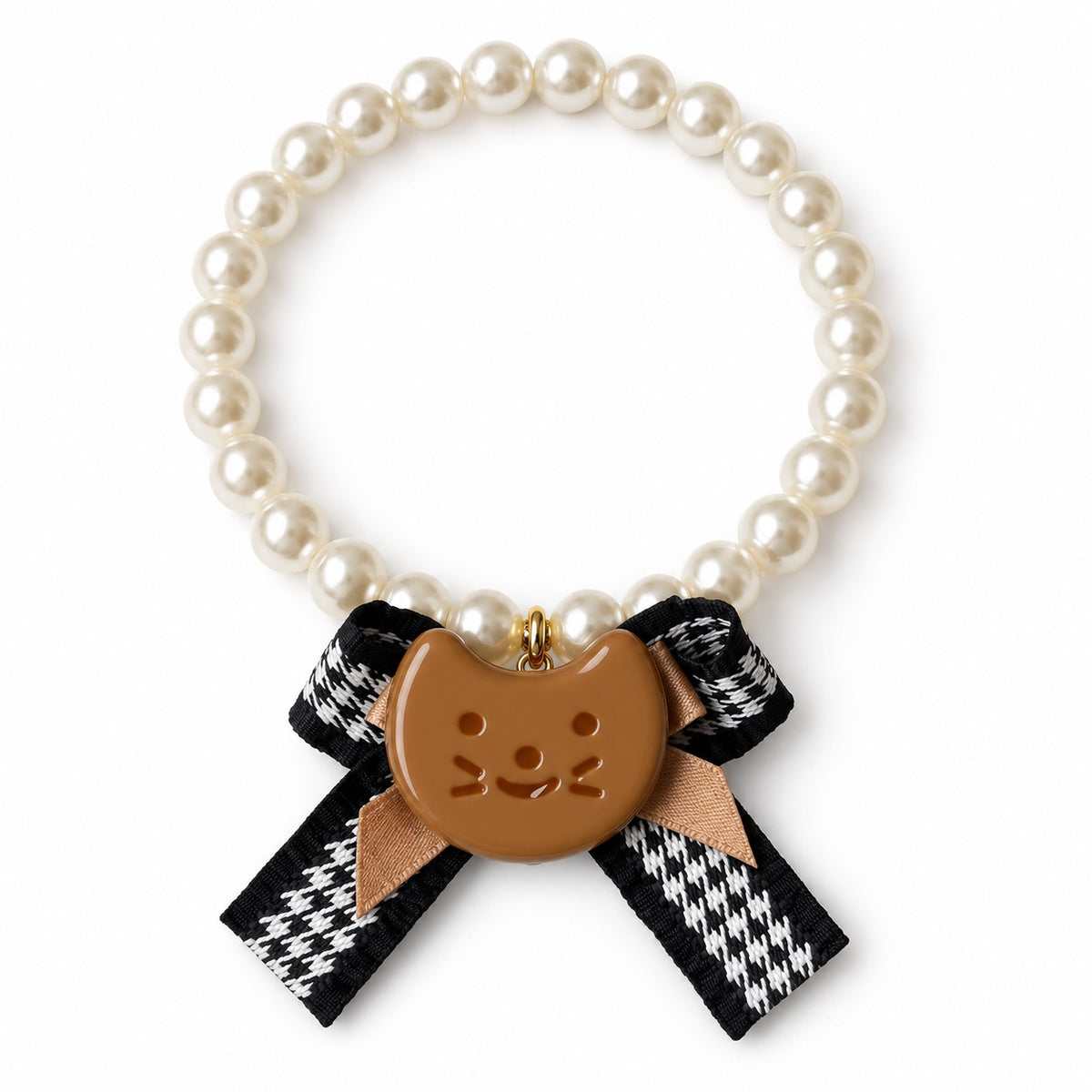 Pearl Bow Pendant Collar Necklace - Brown Cat