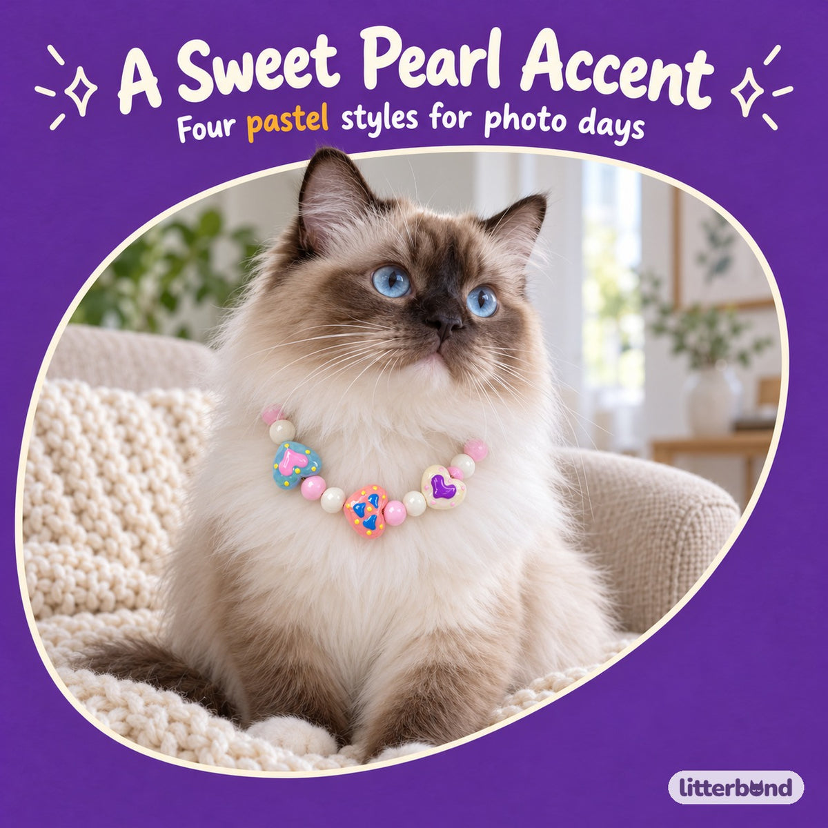 Pastel Heart Pearl Necklace on a cat