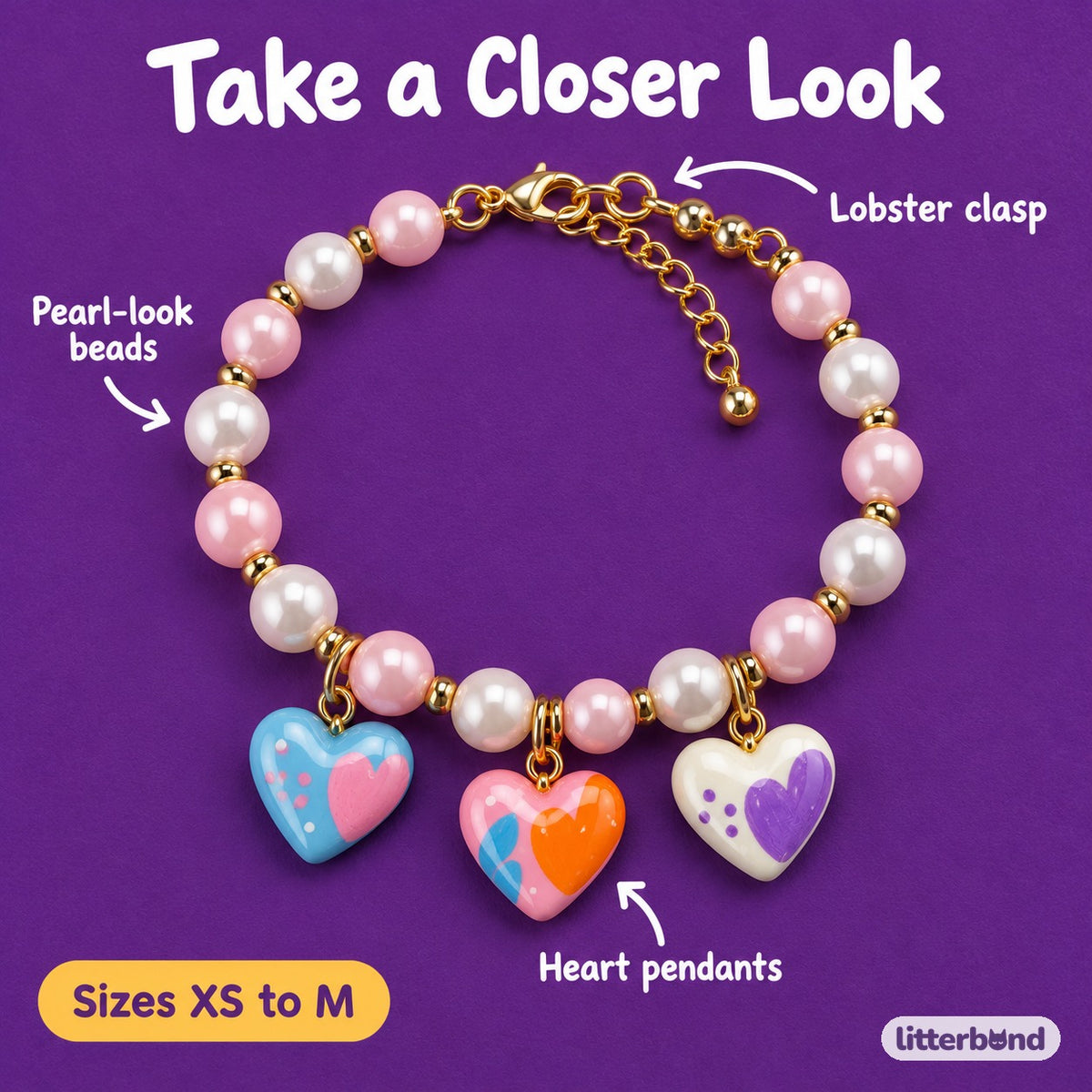 Pastel Heart Pearl Necklace - close-up details