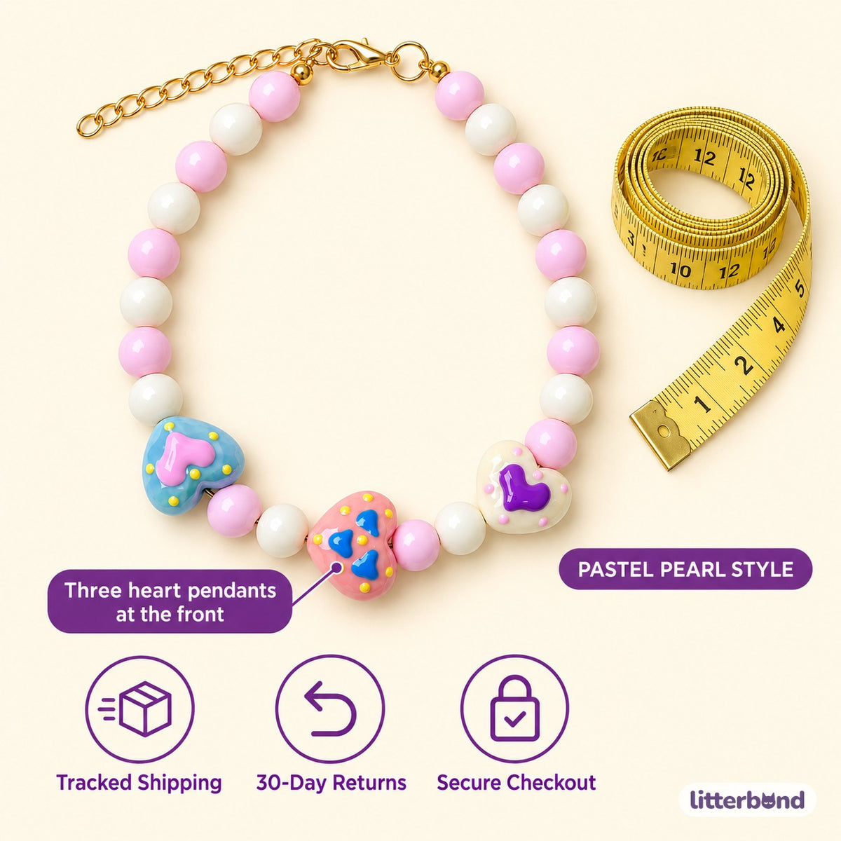 Pastel Heart Pearl Necklace - size and details