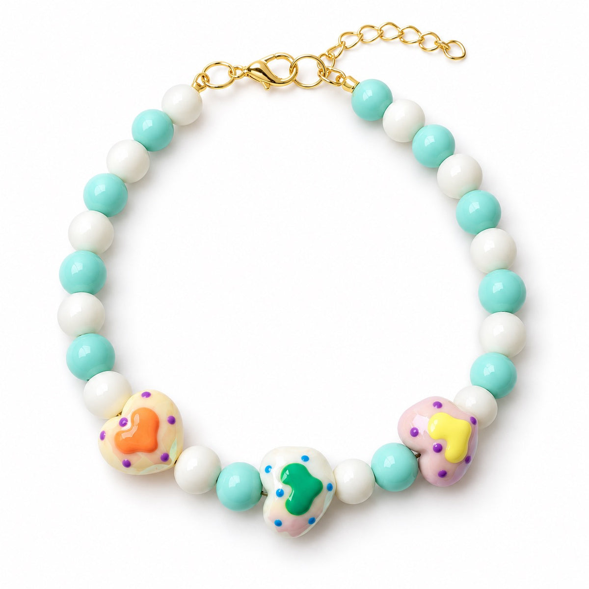 Pastel Heart Pearl Necklace - Mint White Hearts