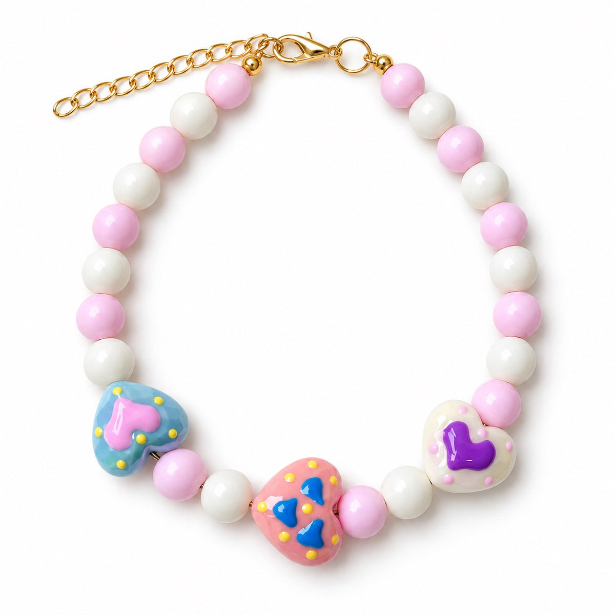 Pastel Heart Pearl Necklace - Pink White Hearts
