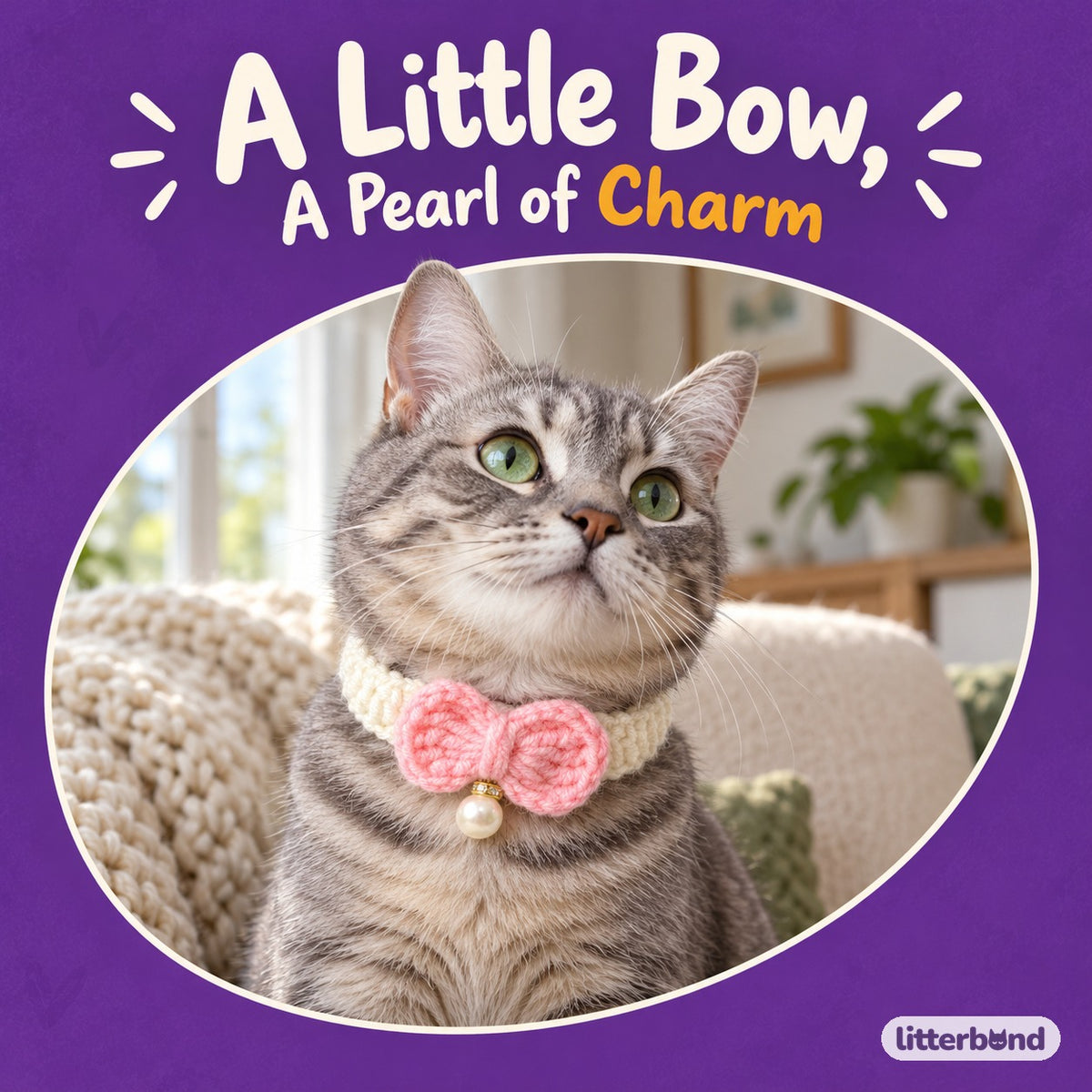 Pastel Pearl Bow Crochet Collar on a cat