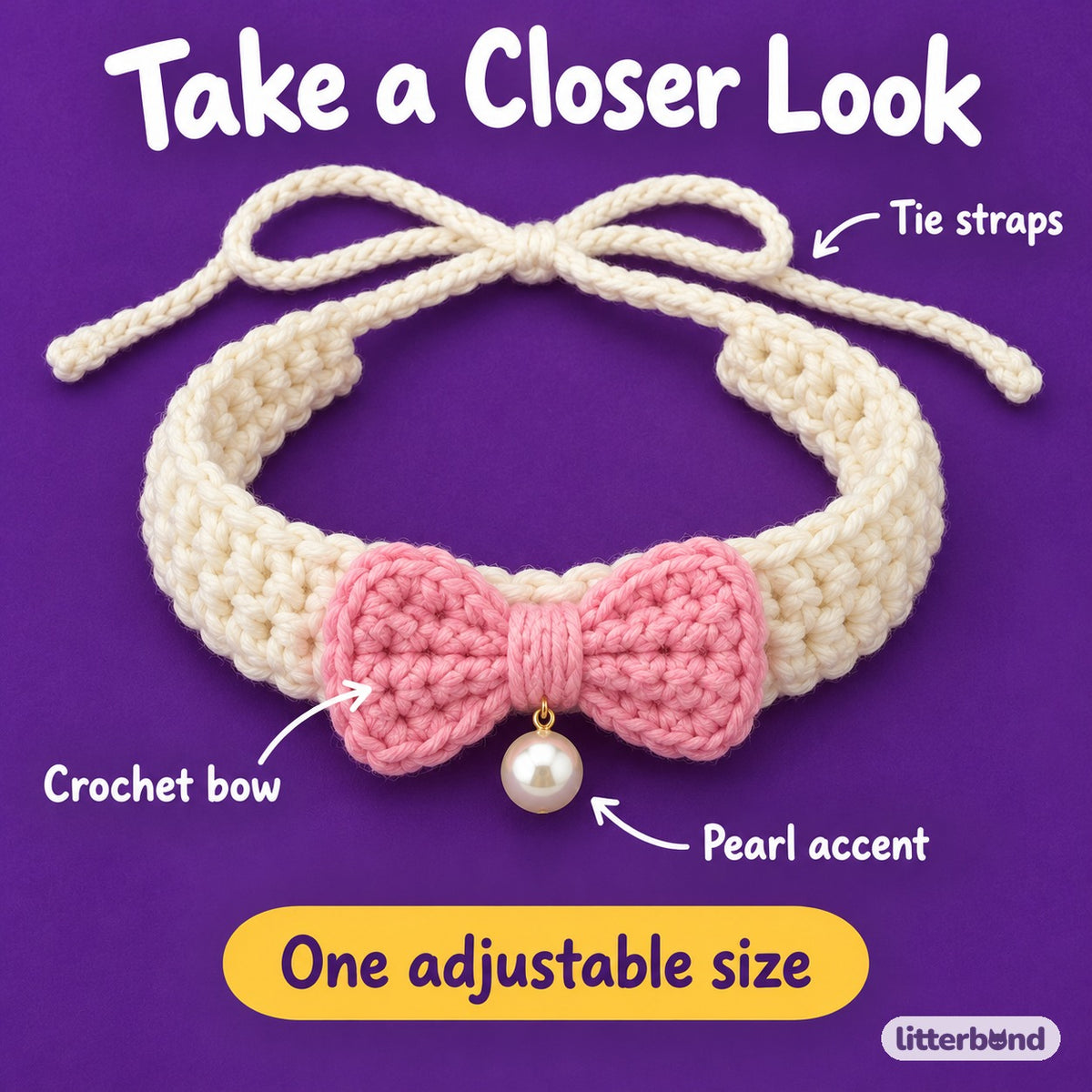 Pastel Pearl Bow Crochet Collar - close-up details