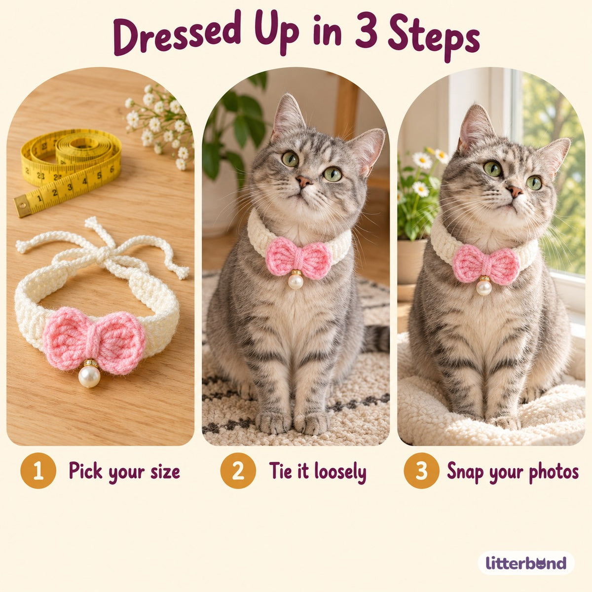 Pastel Pearl Bow Crochet Collar - how to put it on