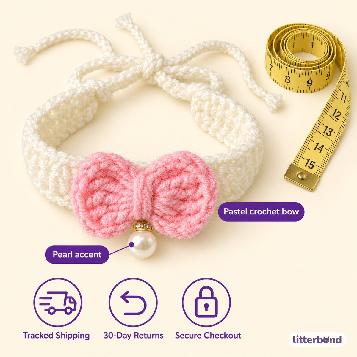 Pastel Pearl Bow Crochet Collar - size and details