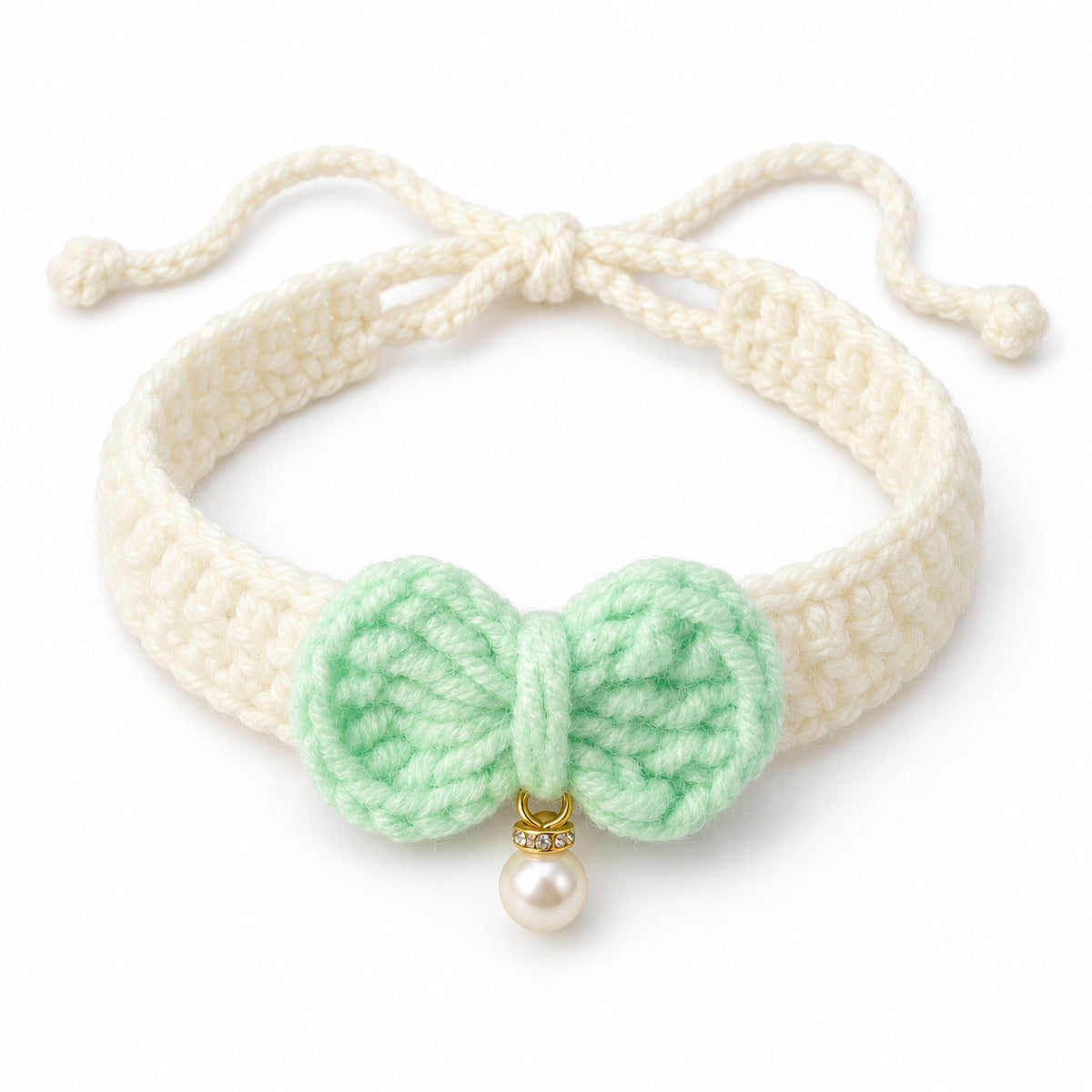 Pastel Pearl Bow Crochet Collar - Mint Bow