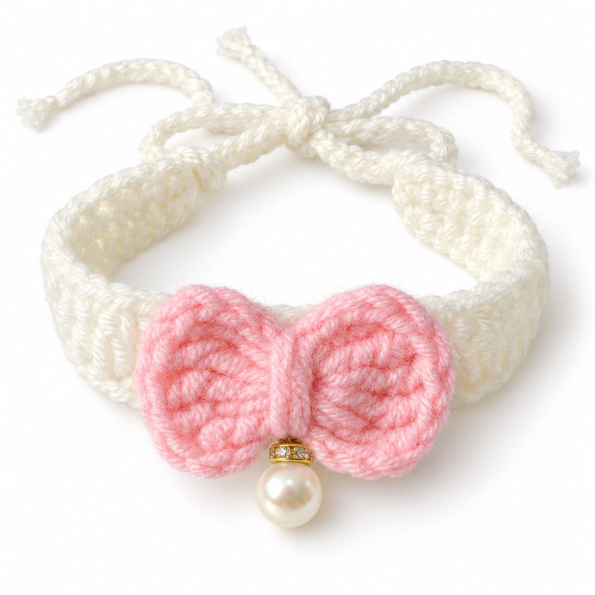 Pastel Pearl Bow Crochet Collar - Pink Bow