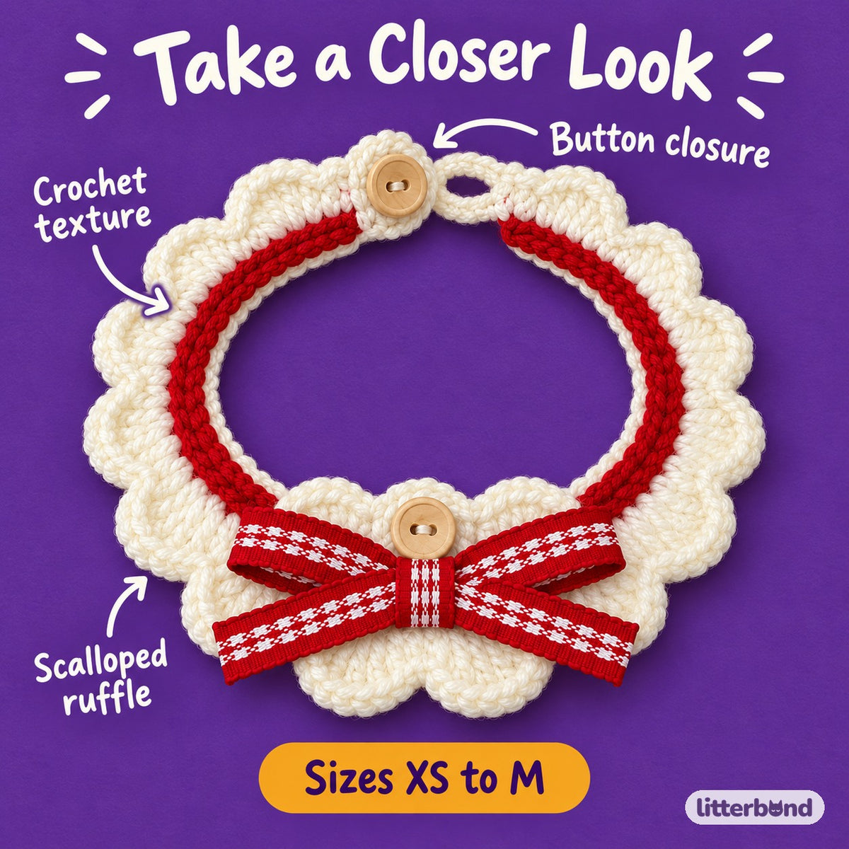 Crochet Bow Ruffle Collar for Cat Portraits - close-up details