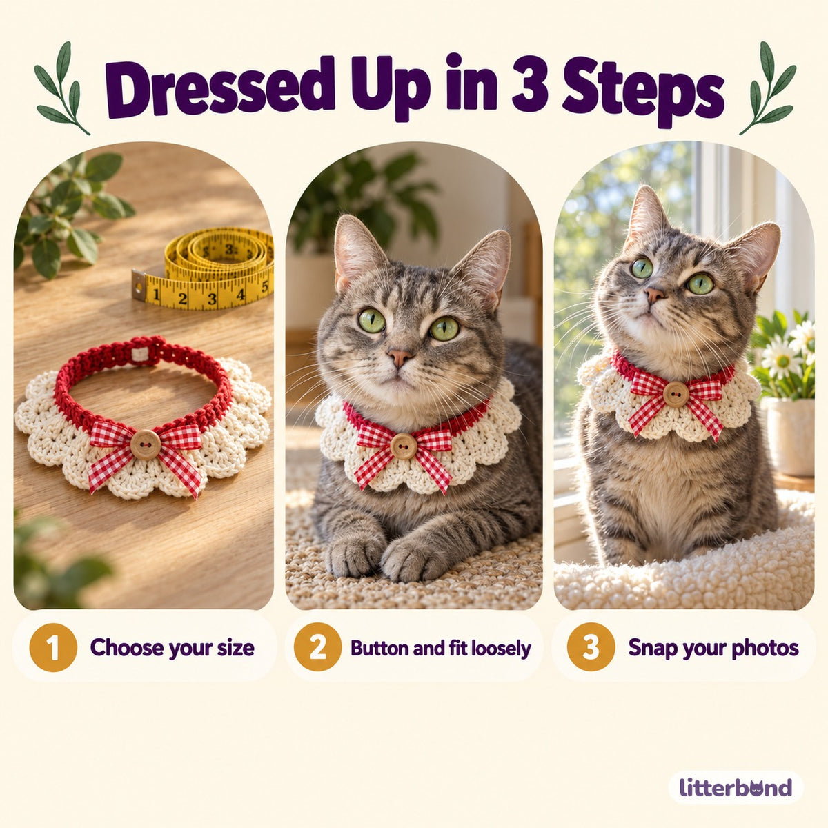 Crochet Bow Ruffle Collar for Cat Portraits - how to put it on