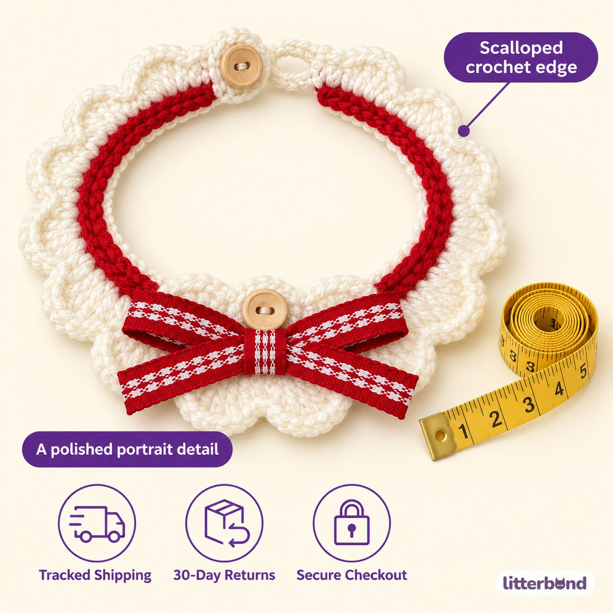 Crochet Bow Ruffle Collar for Cat Portraits - size and details