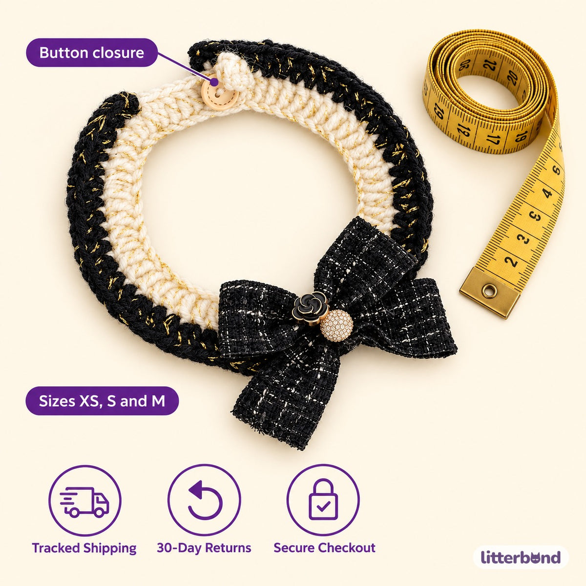 French Bow Crochet Collar - size and details