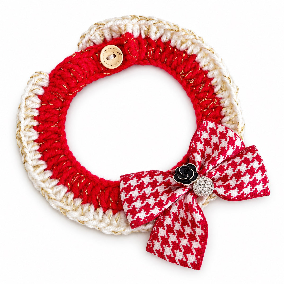 French Bow Crochet Collar - Red Houndstooth