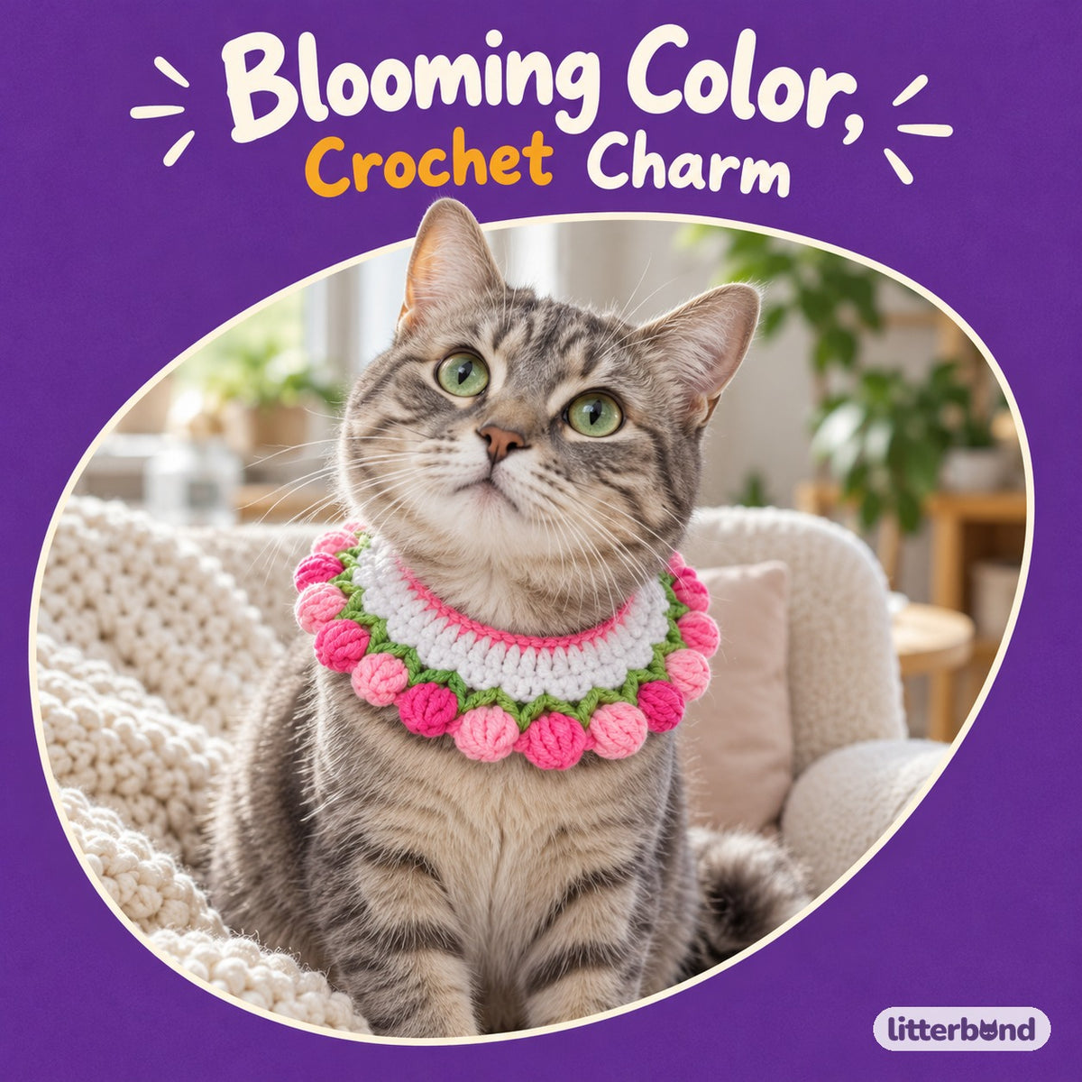 Tulip Crochet Ruffle Collar on a cat