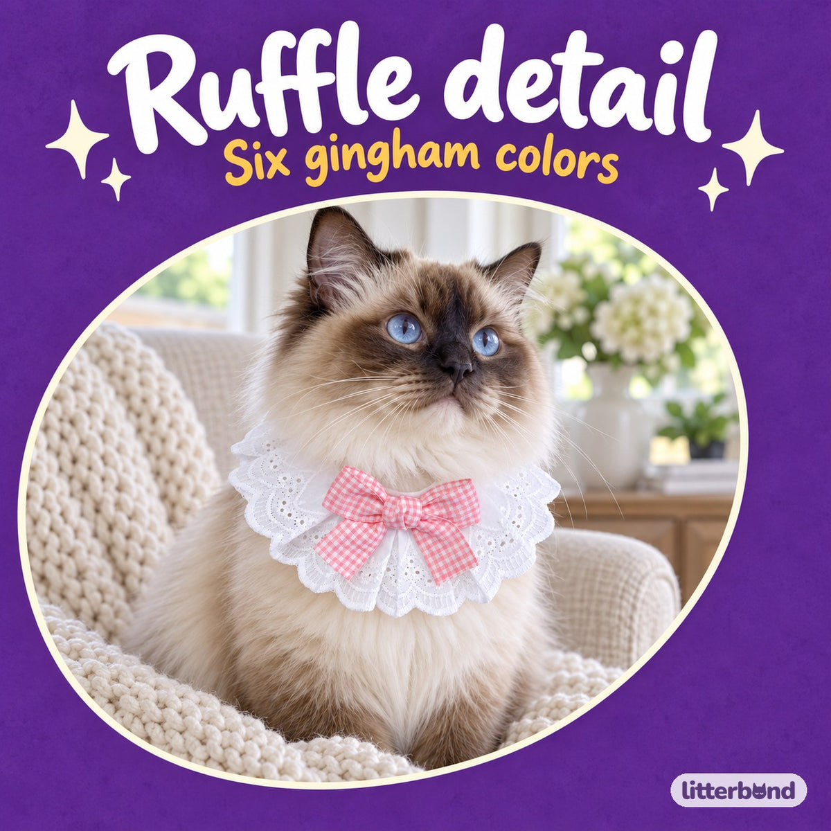 Gingham Bow Lace Collar on a cat