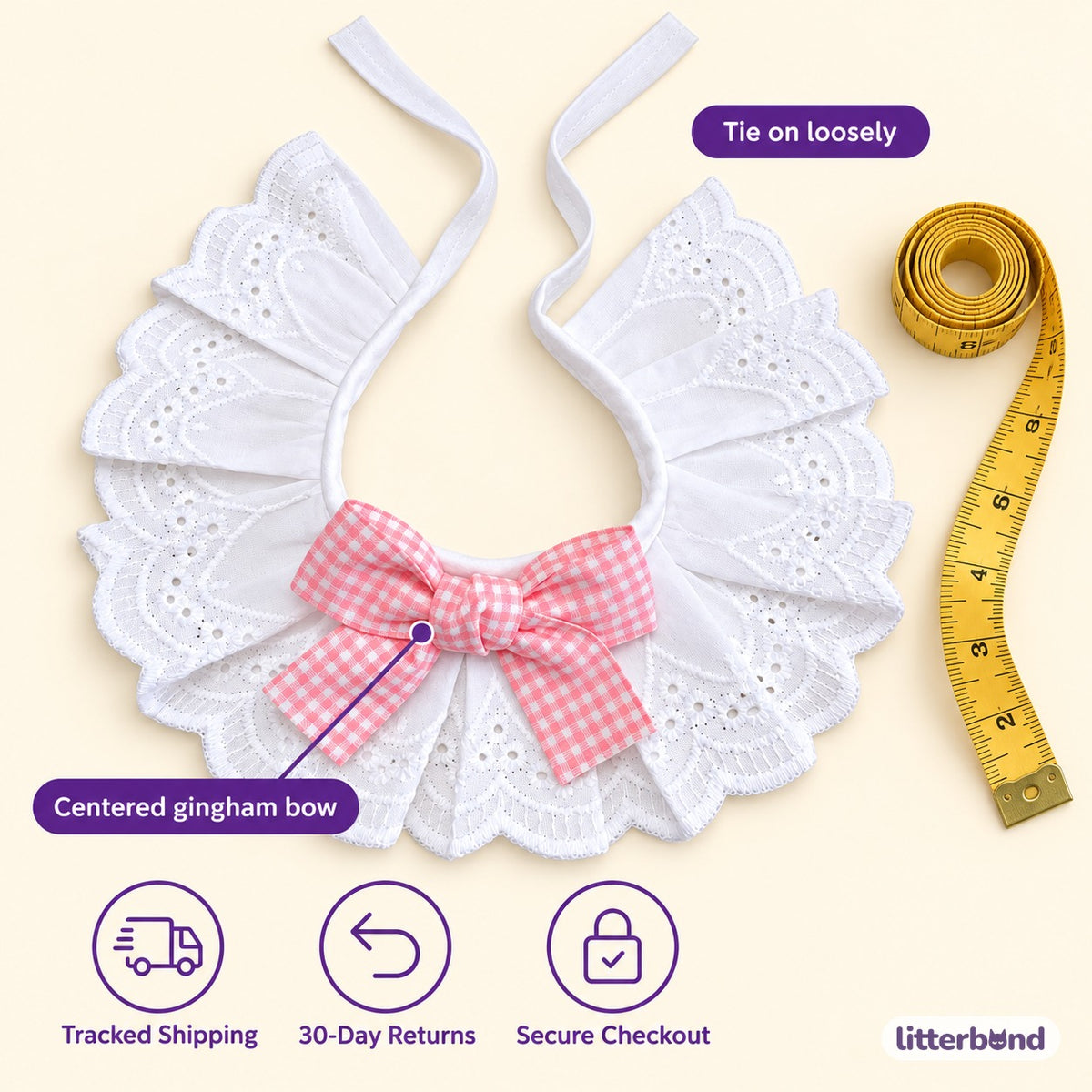 Gingham Bow Lace Collar - size and details