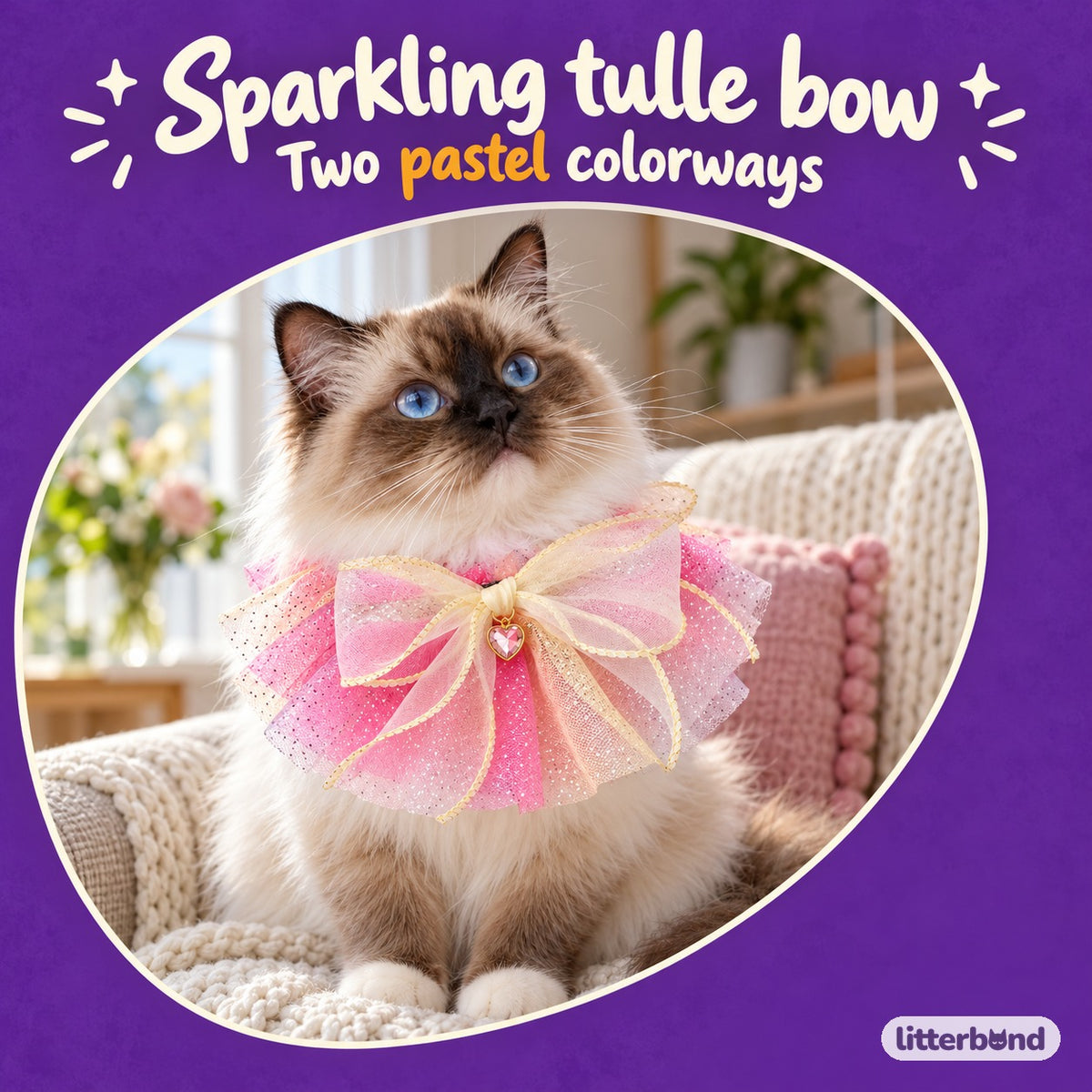 Sequin Tulle Bow Collar on a cat