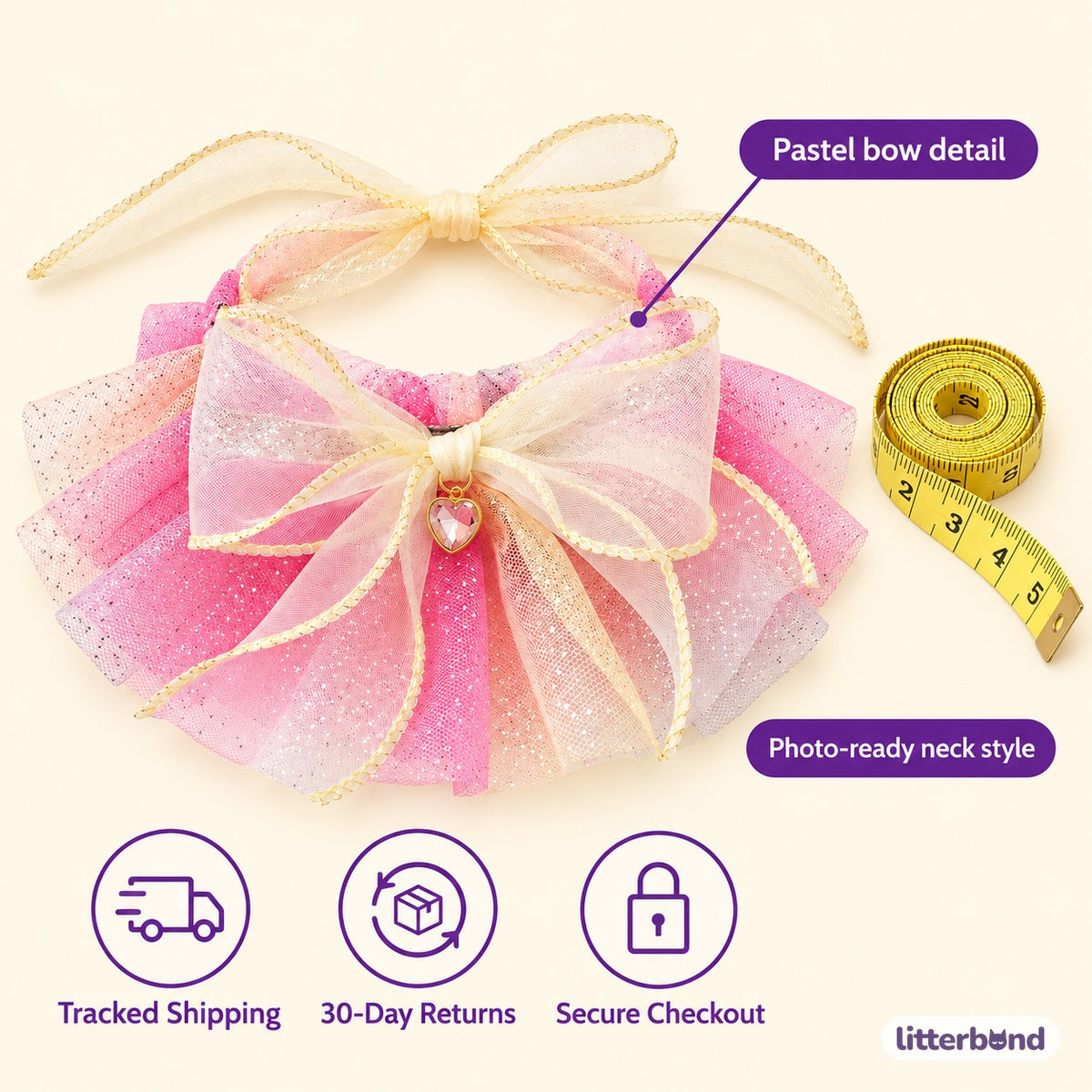 Sequin Tulle Bow Collar - size and details