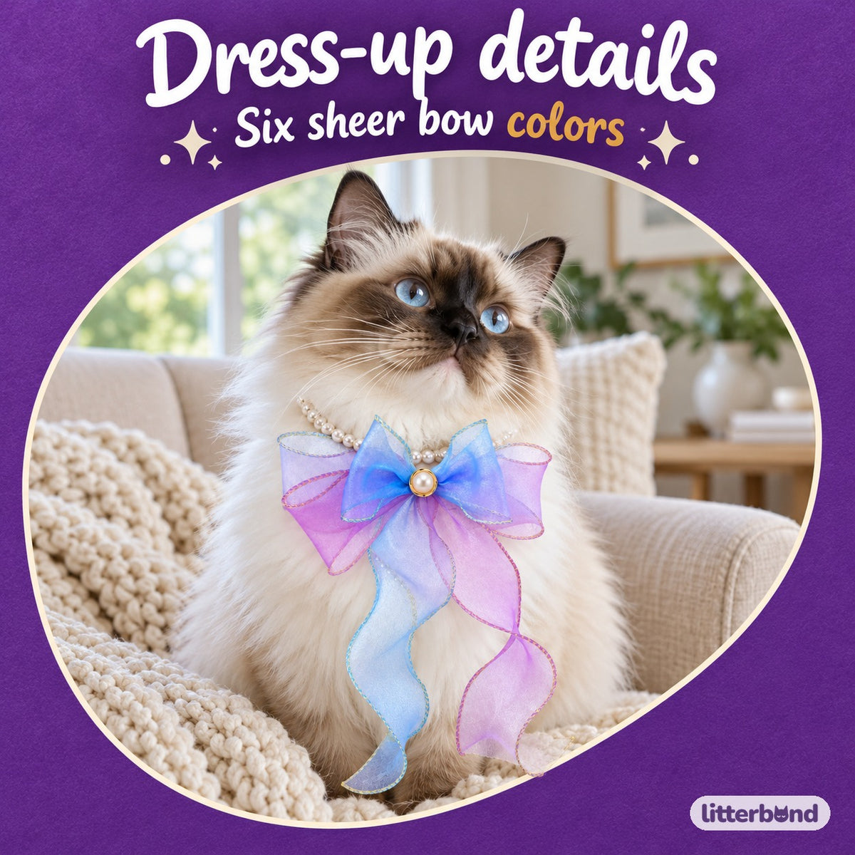 Sheer Bow Pearl Necklace on a cat