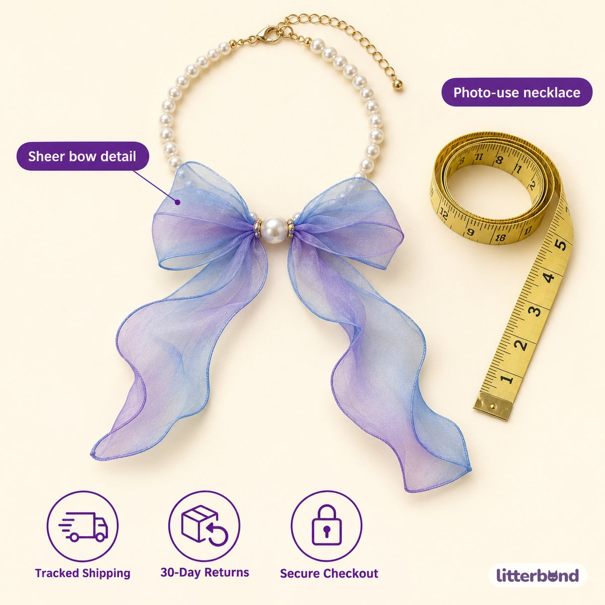 Sheer Bow Pearl Necklace - size and details