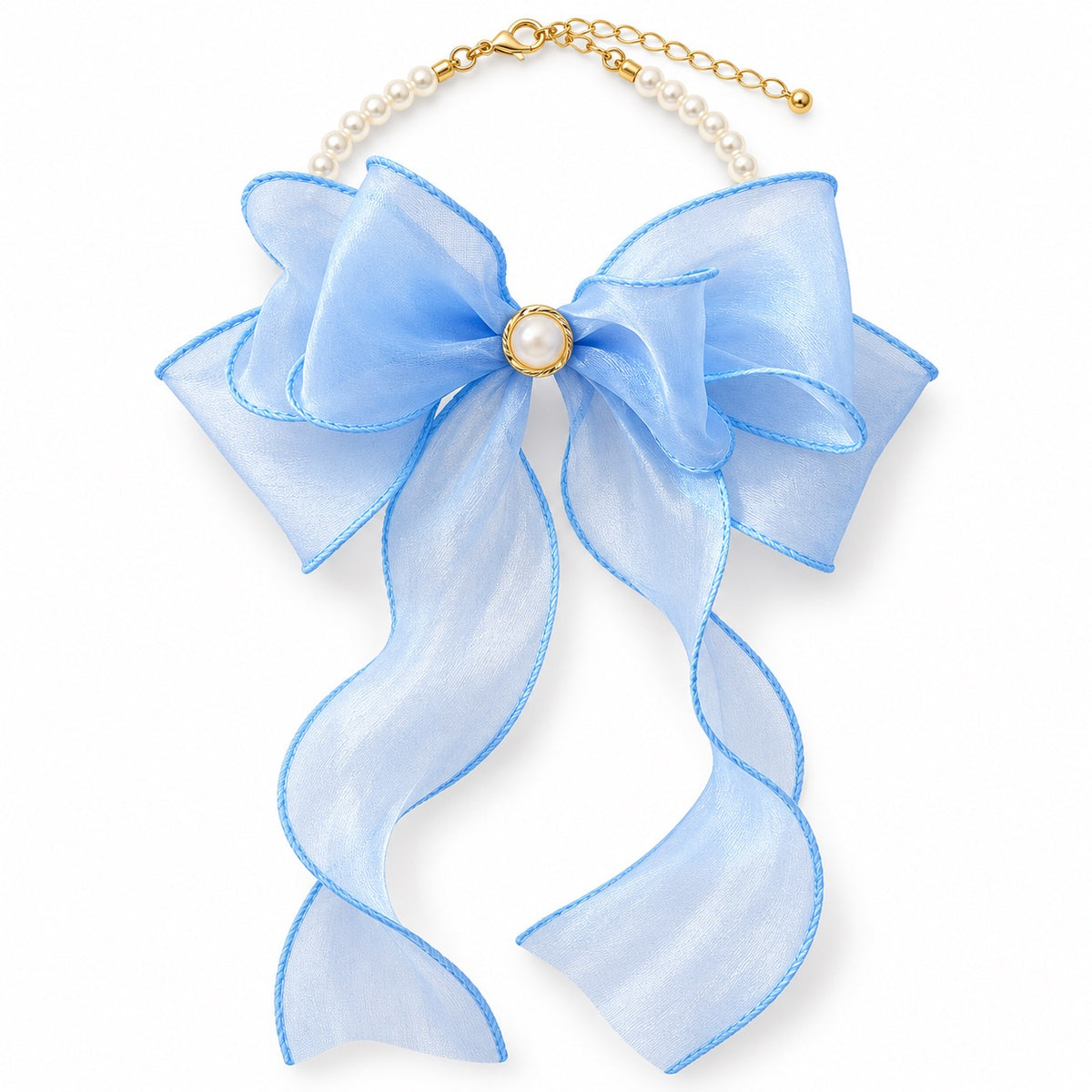 Sheer Bow Pearl Necklace - Sky Blue