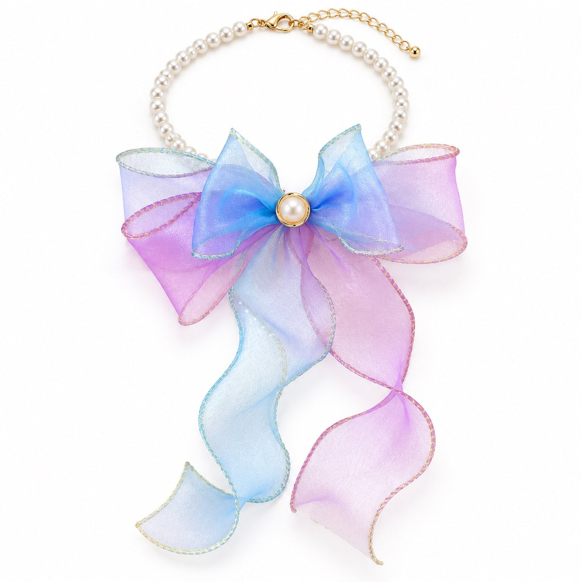 Sheer Bow Pearl Necklace - Blue-Violet Gradient