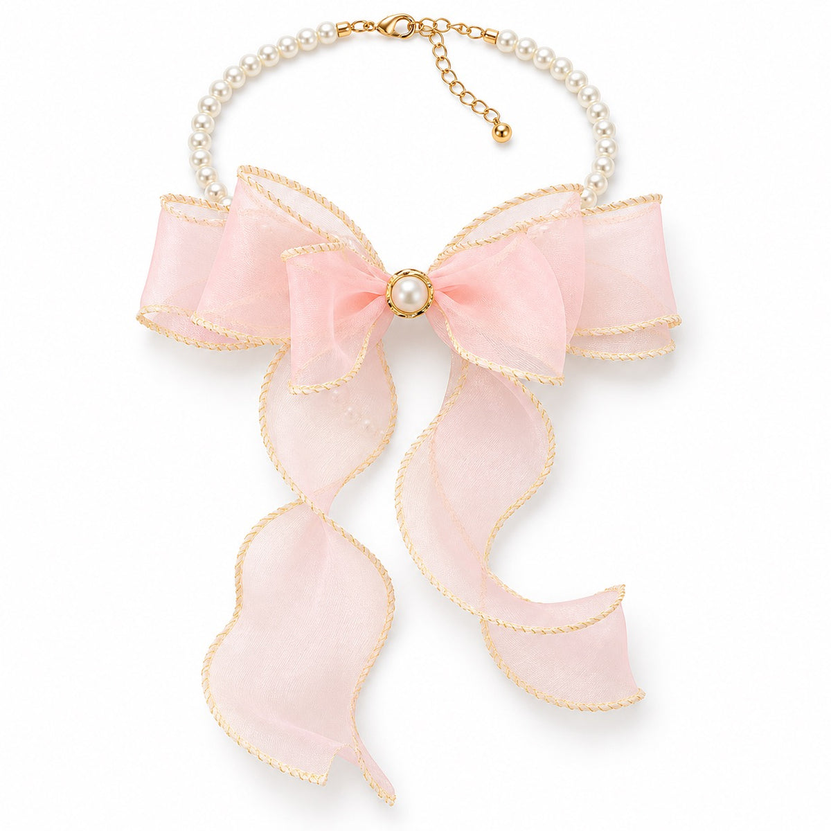 Sheer Bow Pearl Necklace - Pale Pink