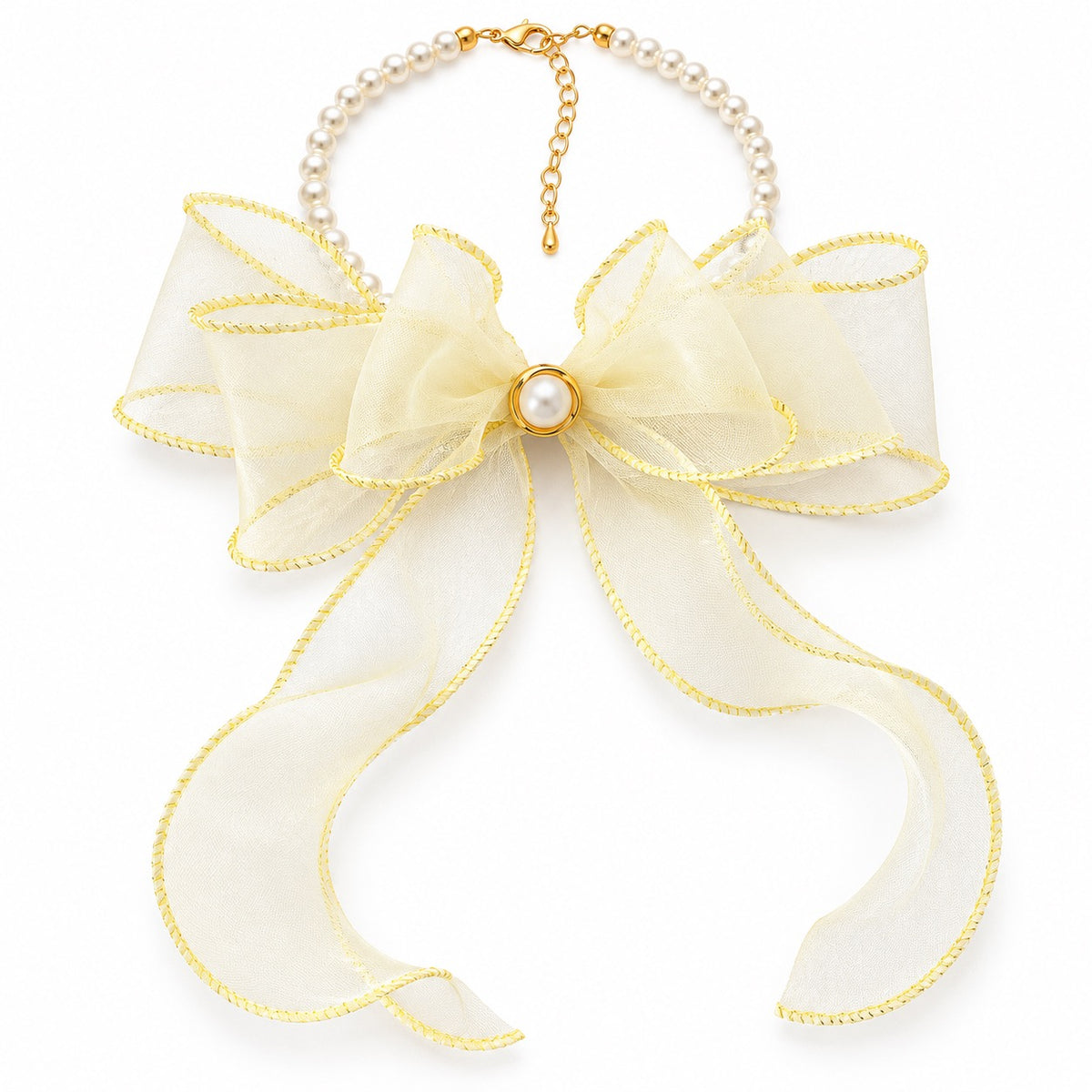 Sheer Bow Pearl Necklace - Pale Yellow