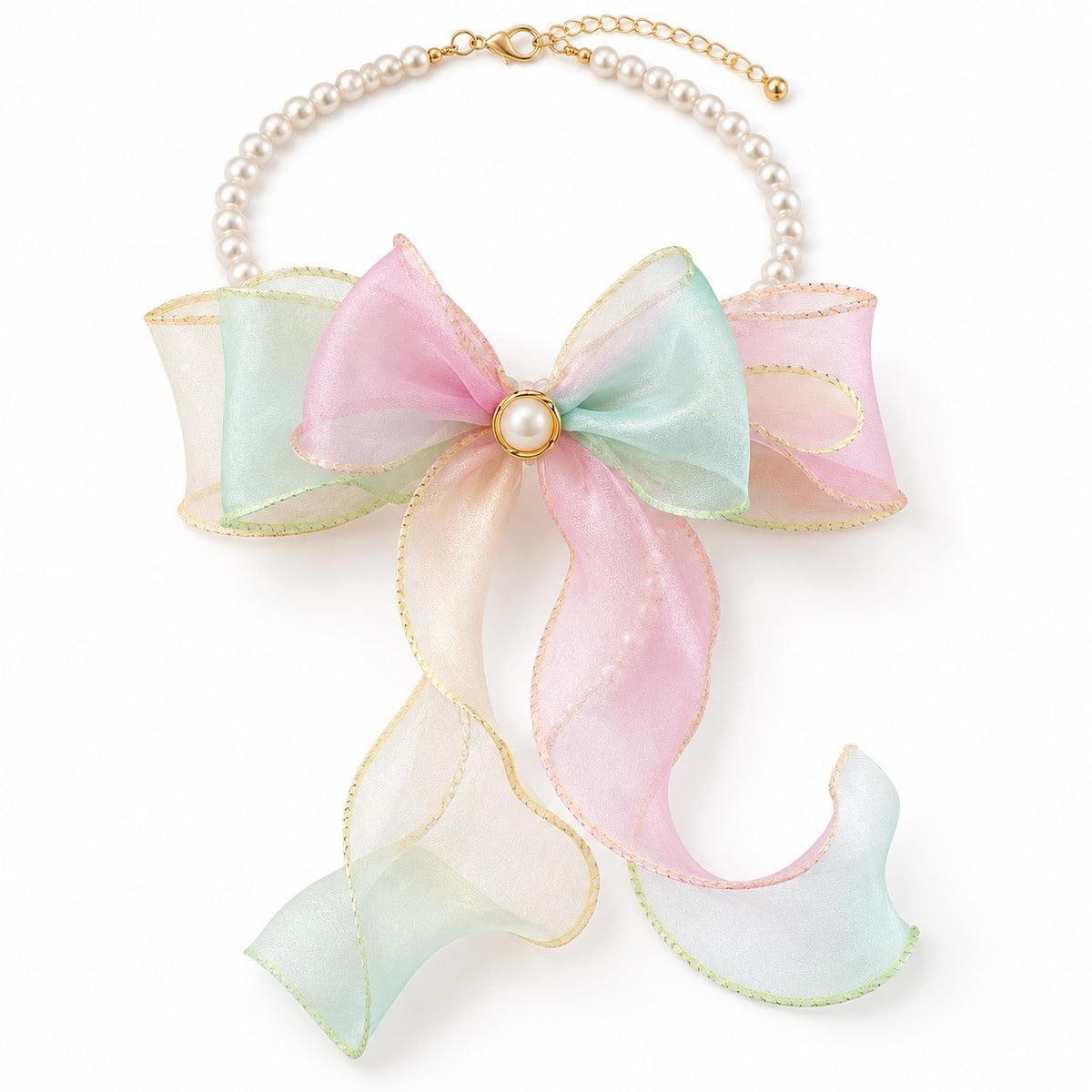 Sheer Bow Pearl Necklace - Pink-Mint Gradient