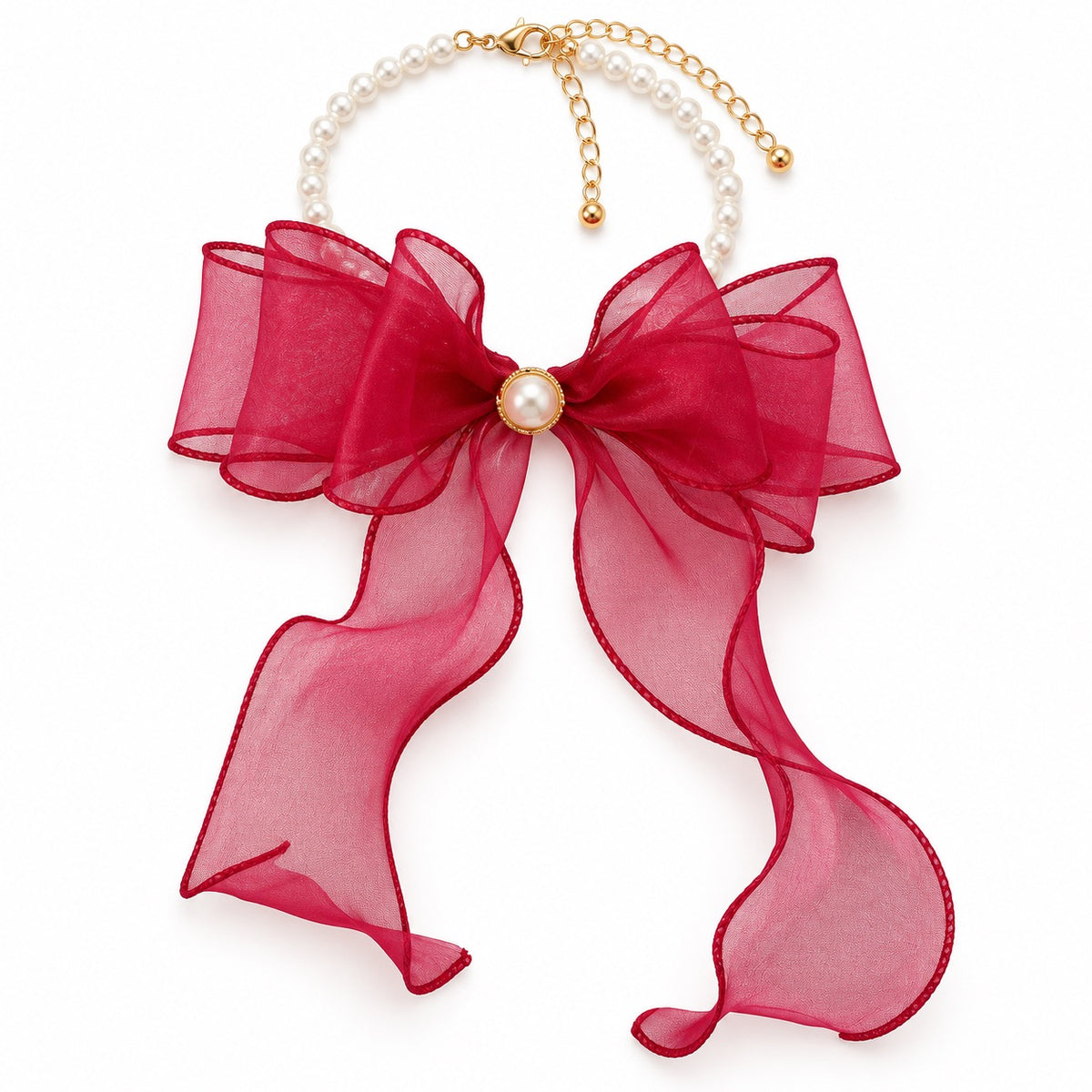 Sheer Bow Pearl Necklace - Wine Red